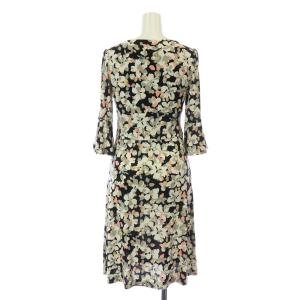 DIANE von FURSTENBERG ワンピース 七分袖 ひざ丈 スクエアネック フレア 総柄 絹 シルク 2 S 黒 ブラック マルチカラー