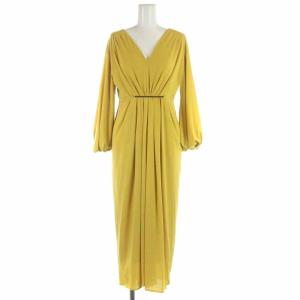 シャーリングカットワンピース フレアワンピース ロング Vネック 長袖 イエロー