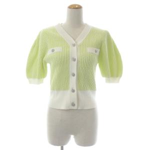 22SS ツイード半袖カーディガン ニット Vネック パフスリーブ ビジューボタン 38 ライトグリーン