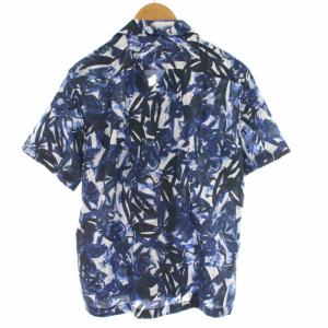 LANVIN en Bleu シャツ ブラウス オープンカラー 総柄 半袖 46 M 紺 ネイビー青 ブルー 白 ホワイト