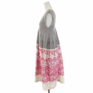 me ISSEY MIYAKE ワンピース ひざ丈 ノースリーブ Vネック フレア リネン F グレー ピンク