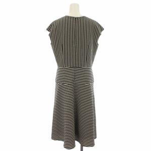 23区 19SS モダンストライプ ウエスト切替ワンピース 総柄 ひざ丈 フレンチスリーブ 38 M 黒 ブラック ベージュ OPWOKM0508