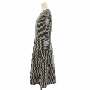 23区 19SS モダンストライプ ウエスト切替ワンピース 総柄 ひざ丈 フレンチスリーブ 38 M 黒 ブラック ベージュ OPWOKM0508