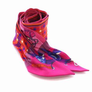 HERMES ツイリー スカーフ Les Voitures Nouvelles 馬車の変遷 シルク チェック ピンク