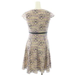 TOCCA ワンピース 花柄 フラワー刺繍 リボン フレンチスリーブ ひざ丈 00 XS オフホワイト 紫 パープル ピンク