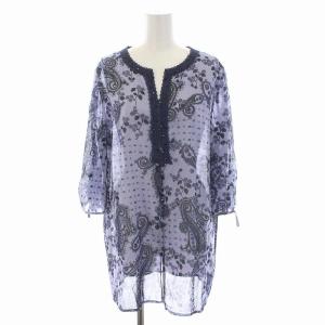 シアー ブラウス シャツ ノーカラー ペイズリー柄 七分袖 刺繍 レース 11 L 青紫 ブルーパープル