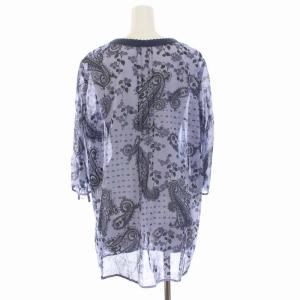 Leilian シアー ブラウス シャツ ノーカラー ペイズリー柄 七分袖 刺繍 レース 11 L 青紫 ブルーパープル