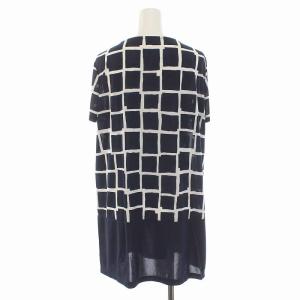 Leilian チュニック カットソー 半袖 チェック 総柄 大きいサイズ 13 L XL 紺 ネイビー 白