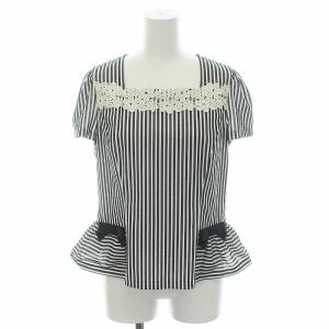 19SS カットソー ペプラム レース ストライプ リボン フラワー刺繍 半袖 38 M 白 ホワイト 紺 ネイビー IT-915336