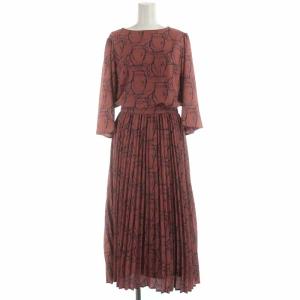 18AW プリーツワンピース ロング マキシ 総柄 七分袖 36 ブラウン