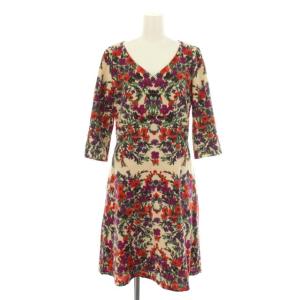 ワンピース フレア ひざ丈 花柄 Vネック アンゴラ混 ウール 七分袖 マルチカラー