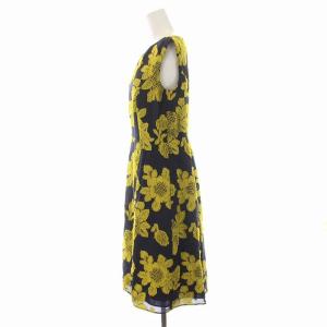 TOCCA ワンピース ひざ丈 ノースリーブ 花柄 刺繍 プリーツ切替 6 S 紺 ネイビー 黄 イエロー