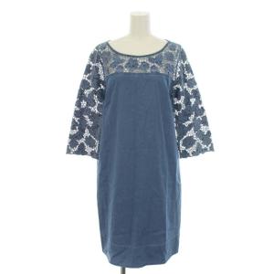 ワンピース デニム フレア ミニ レース 七分袖 L 水色