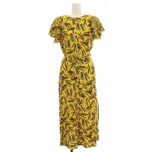 ワンピース ロング 半袖 マッチ棒柄 肩パット 2 M 黄色 マスタード