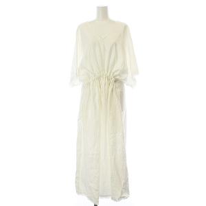 maison 21SS リネンフリンジワンピース ロング 半袖 Vネック ギャザー リボン 麻 白 ホワイト