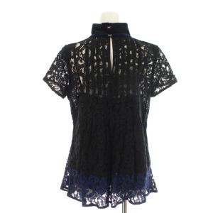 sacai ブラウス プルオーバー レース ペプラム ハイネック 半袖 16-02710 インナー付き 2 M 黒 ブラック 紺 ネイビー