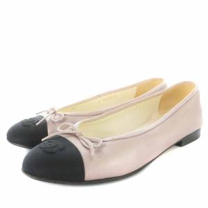バレエシューズ レザー 切替 リボン ココマーク 38C ピンク ブラック