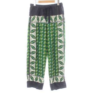 ワイドパンツ イージーパンツ シルク 総柄 36 グリーン ネイビー