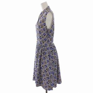 kate spade new york シャツ ワンピース ひざ丈 ノースリーブ シルク100％ 総柄 2 M 青 ブルー グレー 黒