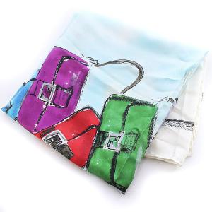 FENDI スカーフ シルク イラスト 総柄 白 水色 ホワイト ライトブルー