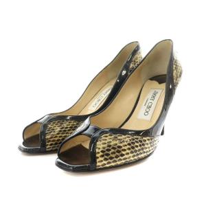 パンプス ヒール オープントゥ エナメル 37 24.0cm 黒 ブラック 黄 イエロー