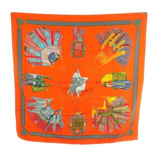 HERMES カレ90 cuirs du desert 砂漠の革飾り スカーフ 総柄 シルク オレンジ