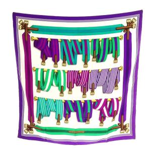 HERMES カレ90 Les Sangles スカーフ 総柄 パープル グリーン