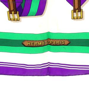 HERMES カレ90 Les Sangles スカーフ 総柄 パープル グリーン