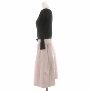 TO BE CHIC フレアワンピース ひざ丈 ニット 切替 リボン フリル バイカラー 七分袖 38 S 黒 ブラック ピンク