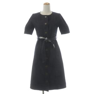 デニムワンピース ミモレ ロング フレア ノーカラー 半袖 ベルト 36 インディゴ