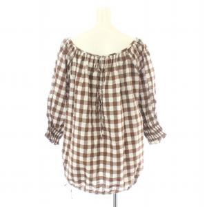 Spick&Span 21SS ギンガムギャザーボリュームブラウス シャツ バルンスリーブ チェック 五分袖 茶色 ブラウン 白 ホワイト 21-051-200-7030-2-0