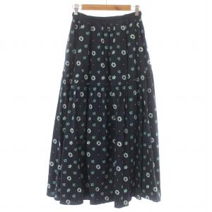 Drawer 21年 エンブロイダリースカート フレア ロング マキシ ティアード 絹 花柄 36 紺 グリーン