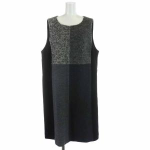 ストレートワンピース ミモレ ロング ウール 切替 ノースリーブ 13+ ブラック