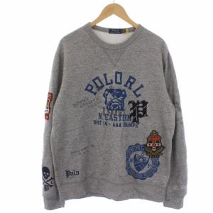 スウェット トレーナー プルオーバー 長袖 クルーネック 裏起毛 ロゴ ワッペン L グレー