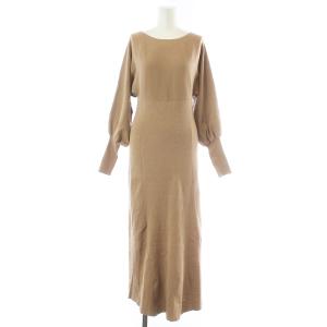 20SS バックレースアップニットドレス フレアワンピース ロング 長袖 ボリューム袖 ベージュ