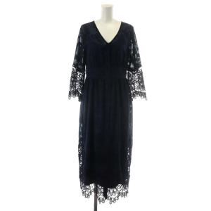 21SS ワンピース ミモレ ロング 長袖 フラワーカットワーク レース 36 S 紺 ネイビー
