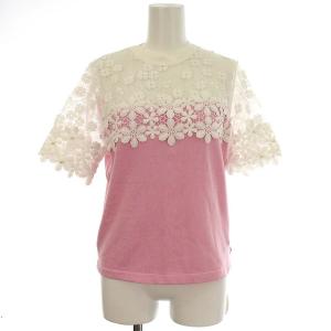 19SS 半袖 ニット レース シースルー 花柄 カットソー F ピンク