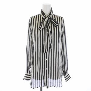 ボウタイブラウス シャツ 長袖 ストライプ シルク S 白 ホワイト 黒 ブラック 211704843001