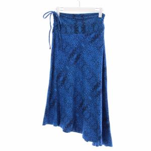 フレアスカート ロング ミモレ アシンメトリー 総柄 リボン S 青 ブルー 紺 ネイビー