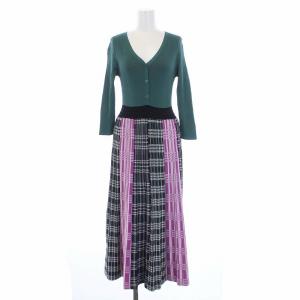 19AW チェックプリーツニットワンピース リブニット チェック 七分袖 ロング マキシ 36 S 緑 グリーン ピンク