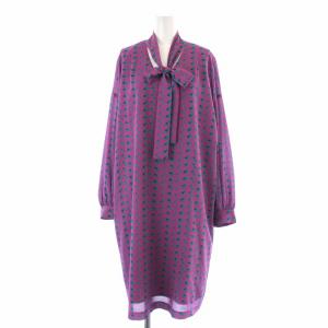 19AW ワンピース ひざ丈 リボン ボウタイ フレア 長袖 総柄 ハート 38 パープル グリーン
