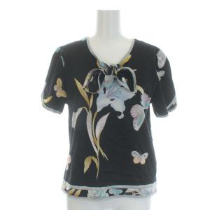 ファッション FASHION カットソー ブラウス ボウタイ 半袖 花柄 コットン M 黒 ブラック