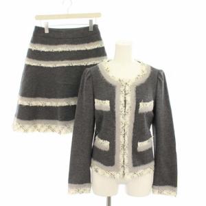 スーツ セットアップ ノーカラージャケット フレアスカート ひざ丈 ツイード グレー 白