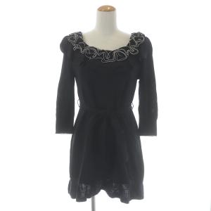 チュニック ワンピース ミニ ニット 七分袖 Uネック プルオーバー フリル フラワーモチーフ ベルト 2 M 黒 ブラック