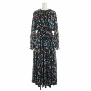 フレアワンピース ロング 花柄 リボン 長袖 ブラック