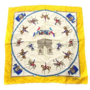 スカーフ ストール 大判 シルク サテン 馬柄 イタリア製 黄色 イエロー 白 ホワイト