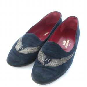 フラットシューズ スエード 刺繍 22.5cm 紺 ネイビー