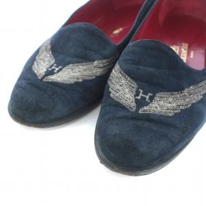 HERMES フラットシューズ スエード 刺繍 22.5cm 紺 ネイビー