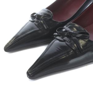 PRADA パンプス ポインテッドトゥ ピンヒール ローヒール リボン レザー 37.5 24.5cm 黒 ブラック