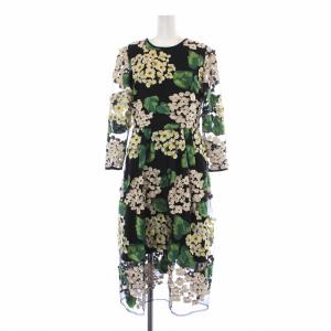 ワンピース ひざ丈 フレア 七分袖 刺繍 花柄 シアー シースルー マルチカラー